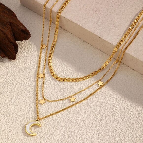 Celestial 18K Gold-Plated  Layered Necklace with Stars and Moon Charm - Picture 1 of 6